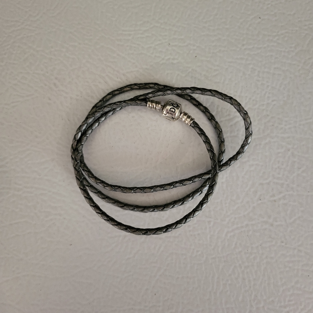 PANDORA Silver-Grey leather braided charm bracelet